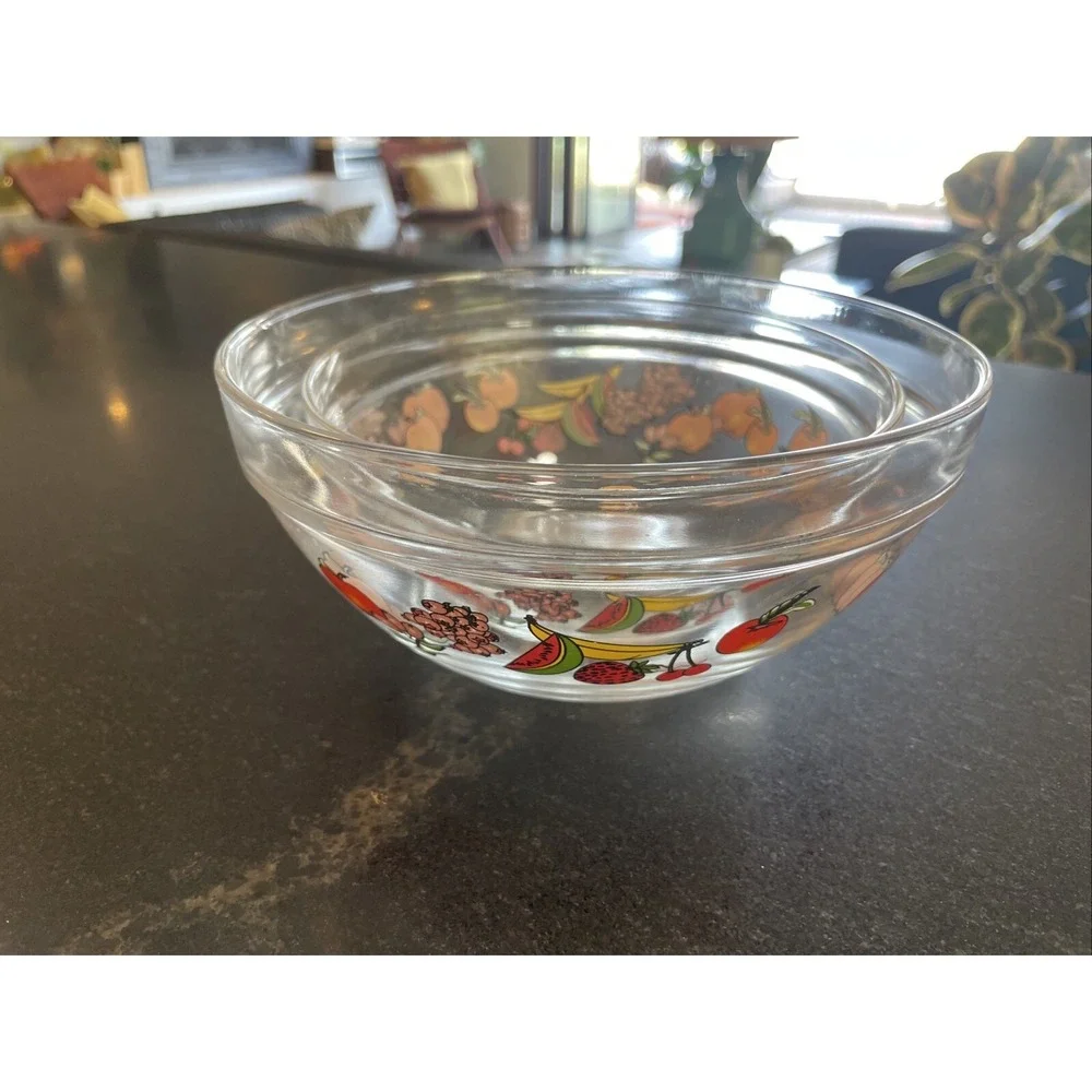 Vintage Glass Nesting Bowls Fruit Decals Mixing Salad 2 Clear Bowls Cereal